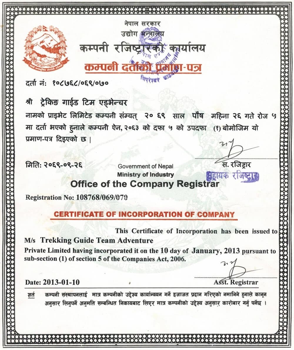 Certificate of Incorporation of Company