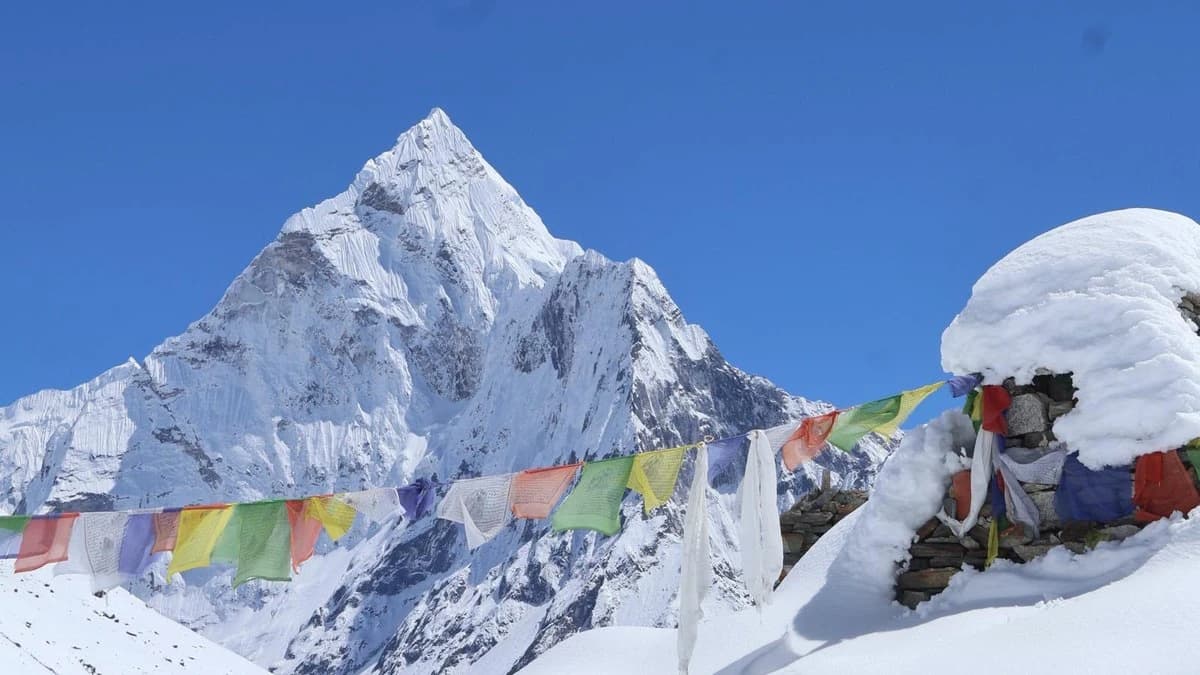 Ama Dablam with prayer flags on the Everest Base Camp trek