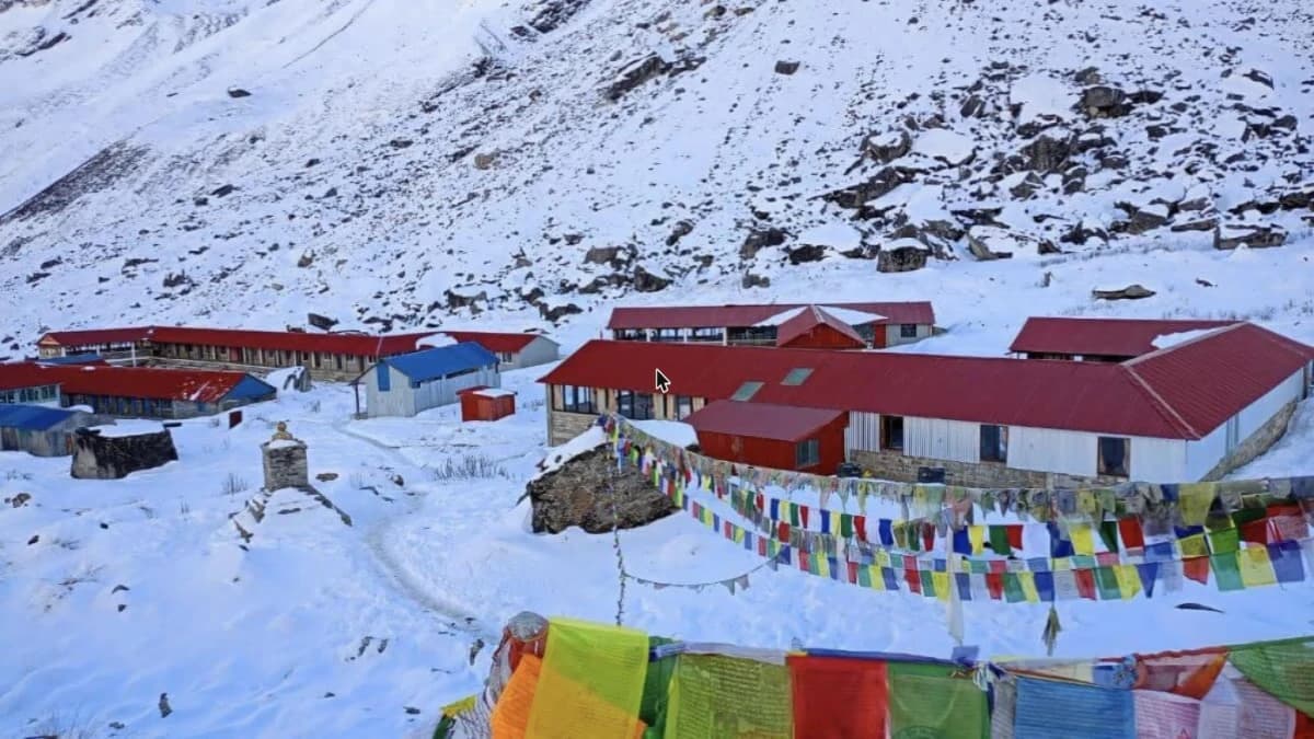 Annapurna Base Camp teahouses with prayer flags - ABC Trek Nepal