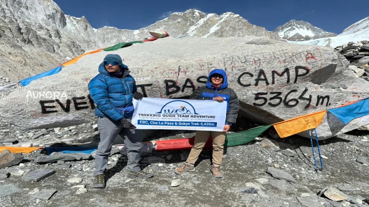 Trekking guides holding the Trekking Guide Team Adventure banner at Everest Base Camp