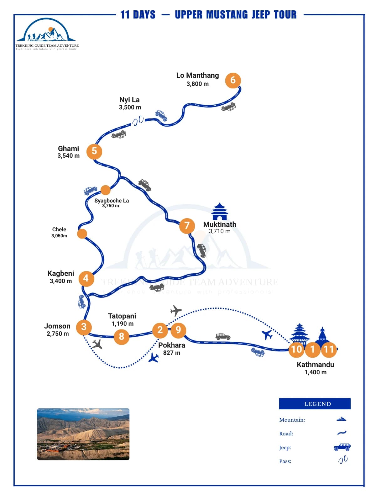 Upper Mustang Jeep Tour 11-day route map from Kathmandu to Lo Manthang Nepal
